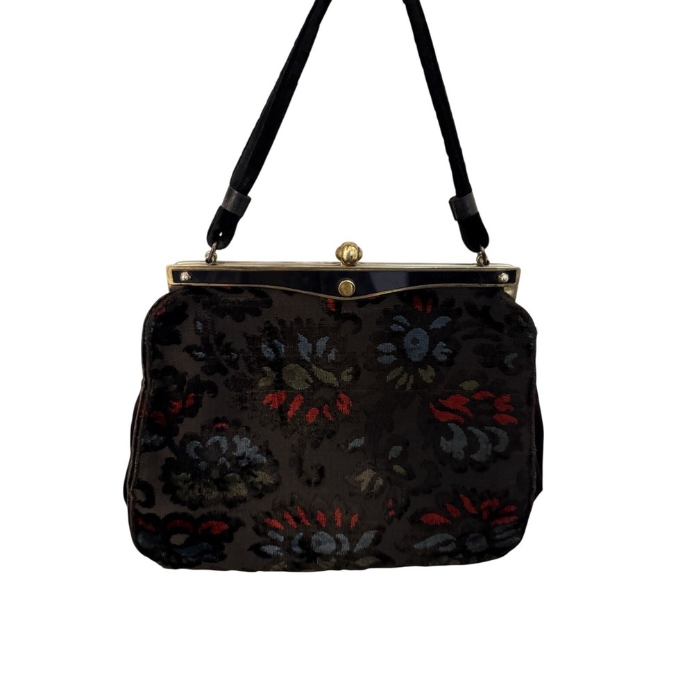 Vintage Floral Velvet Burnout Frame Bag Kiss Lock Top Handle Purse Retro 50s 60s
